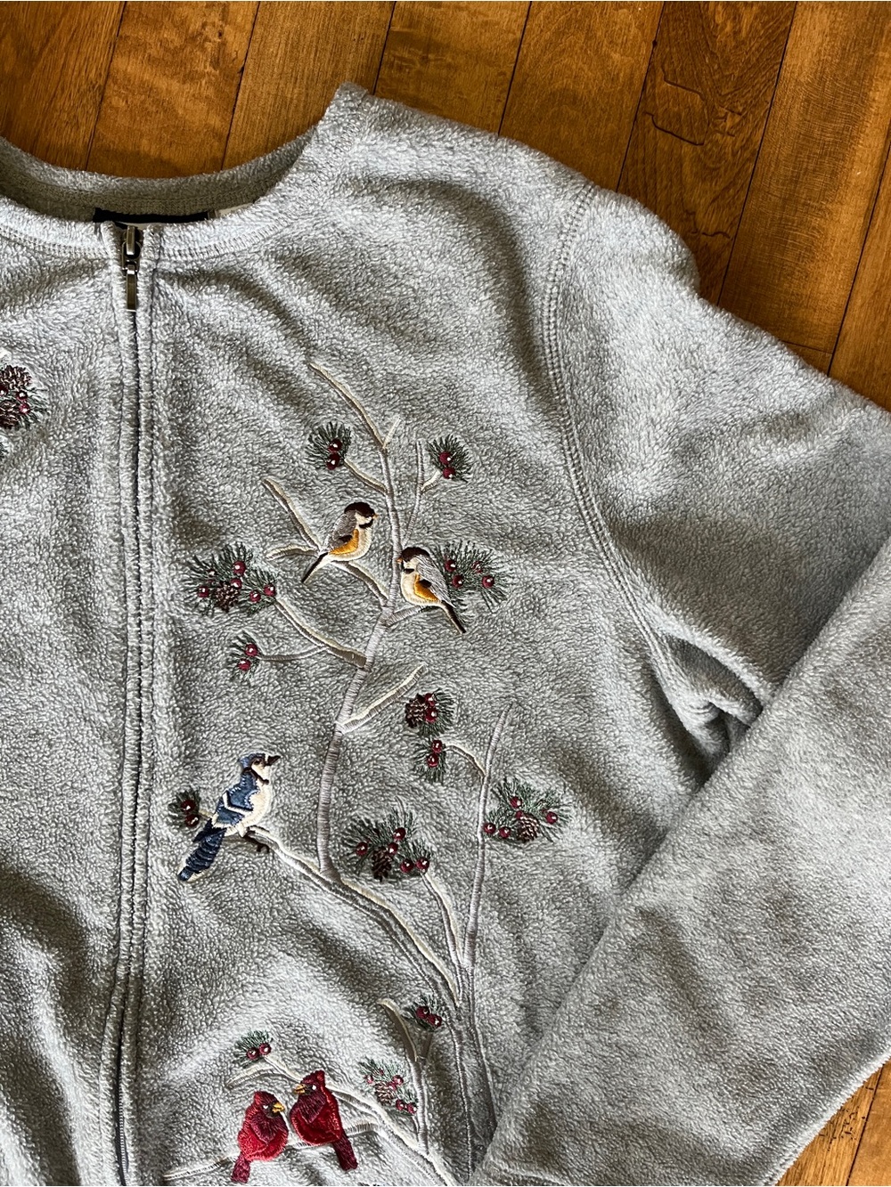 Light Gray Embroidered Bird Zip-Front Crew Fleece Sweater